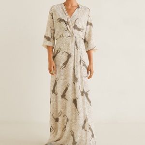 Mango Cheetah Printed v Neck 3 Quarter sleeve Long Dress new with tags